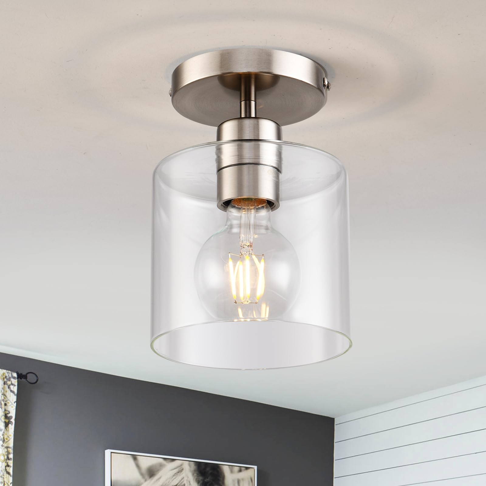 KLSS glass shade detail on brushed nickel ceiling fixture.