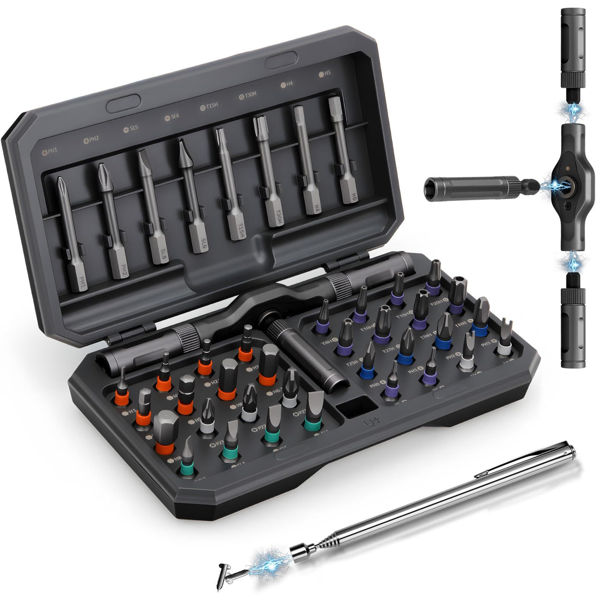 KLUCZ magnetic screwdriver set packaging displays organized bits for easy selection