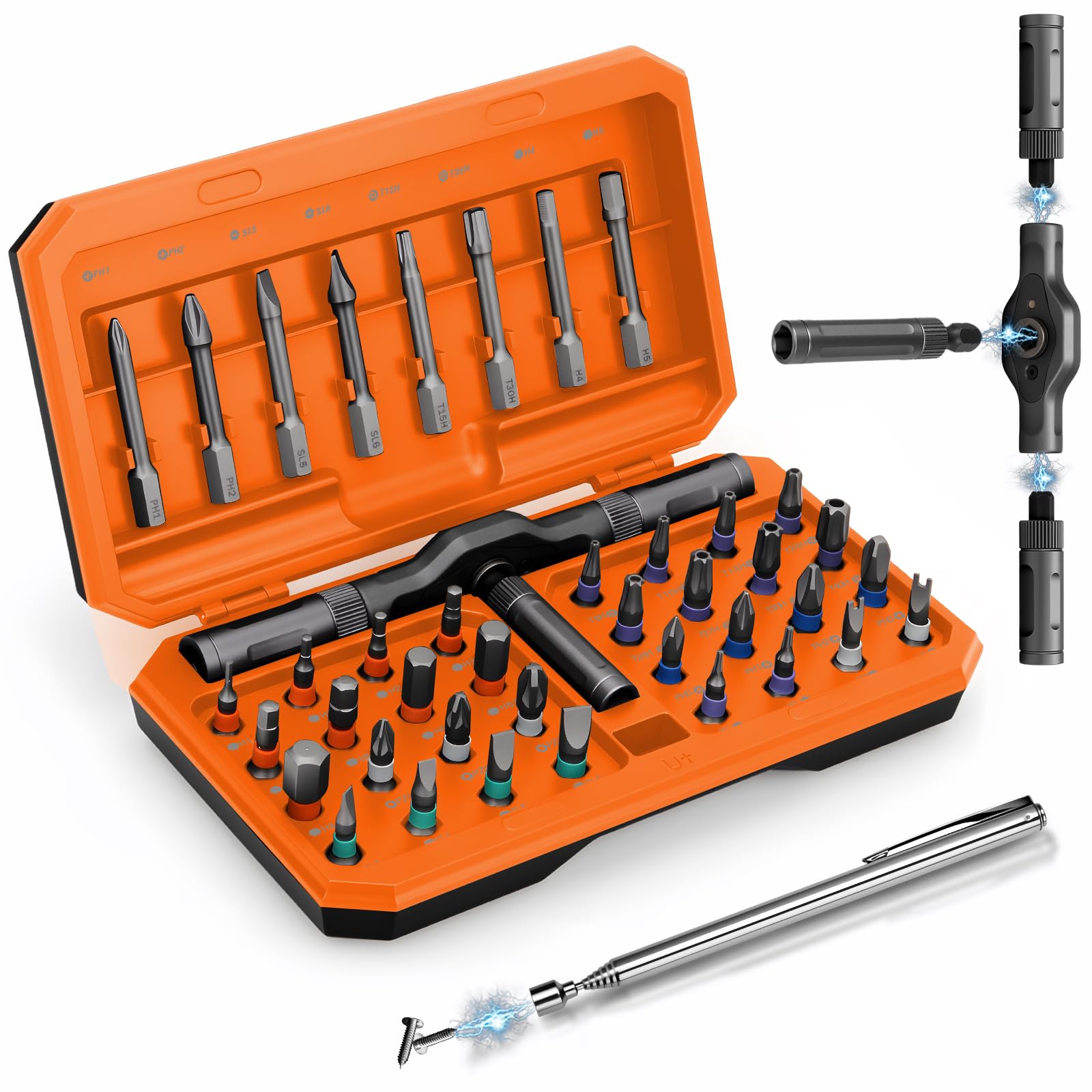 KLUCZ Magnetic Screwdriver Set with T-handle ratchet for versatile repairs in tight spaces.