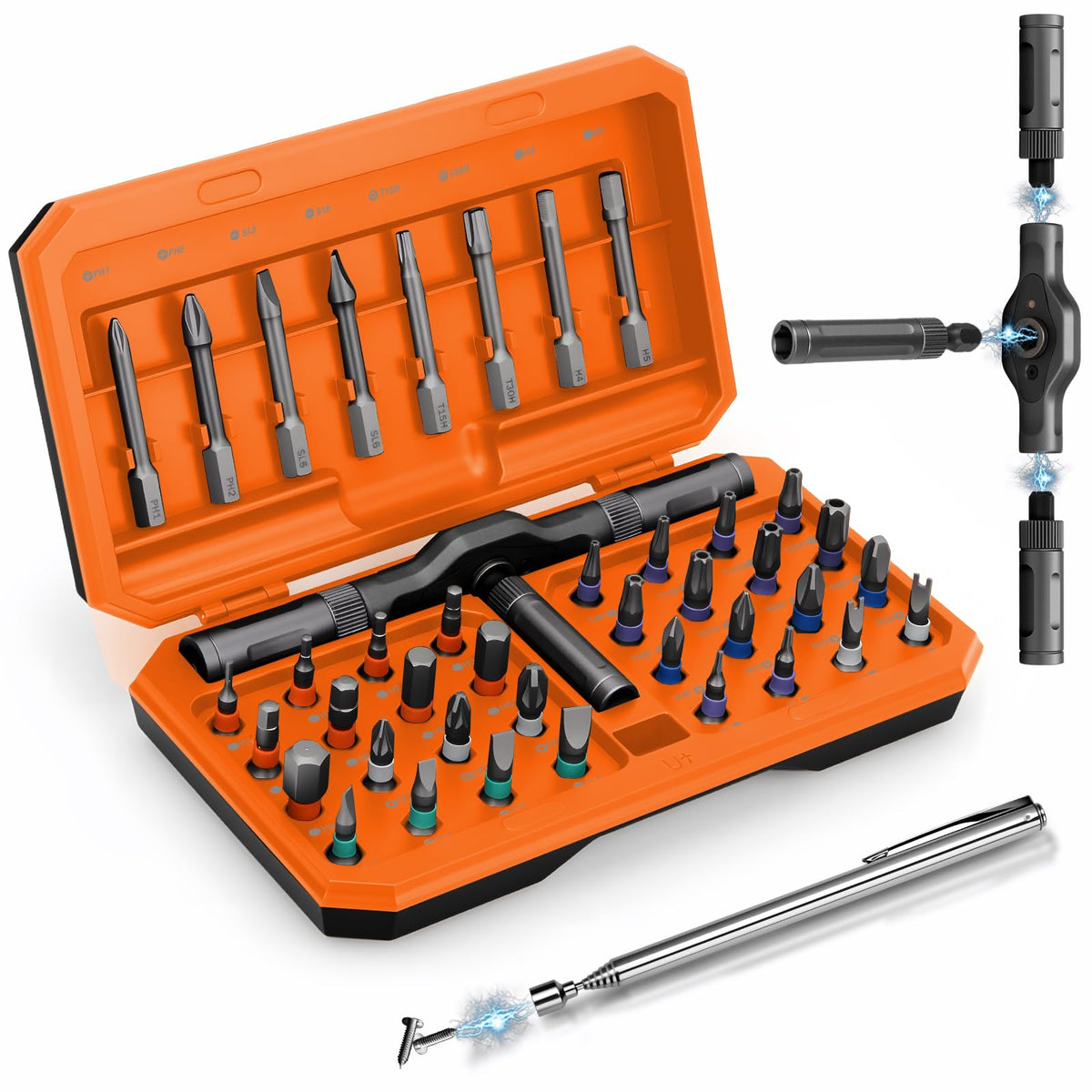 KLUCZ Magnetic Screwdriver Set with T-handle ratchet for versatile repairs in tight spaces.