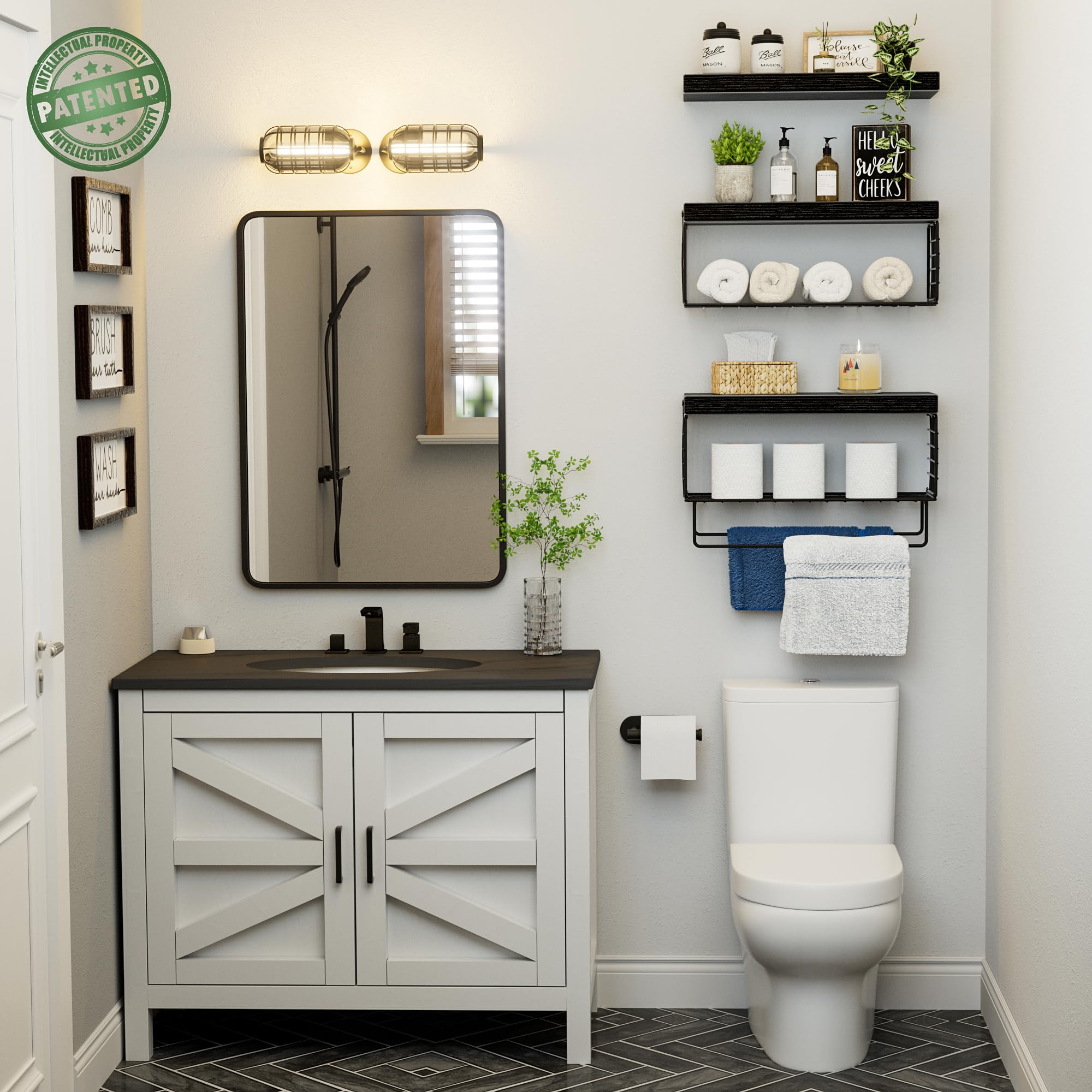 KLUVIS over-toilet shelves in black farmhouse style maximize vertical storage.