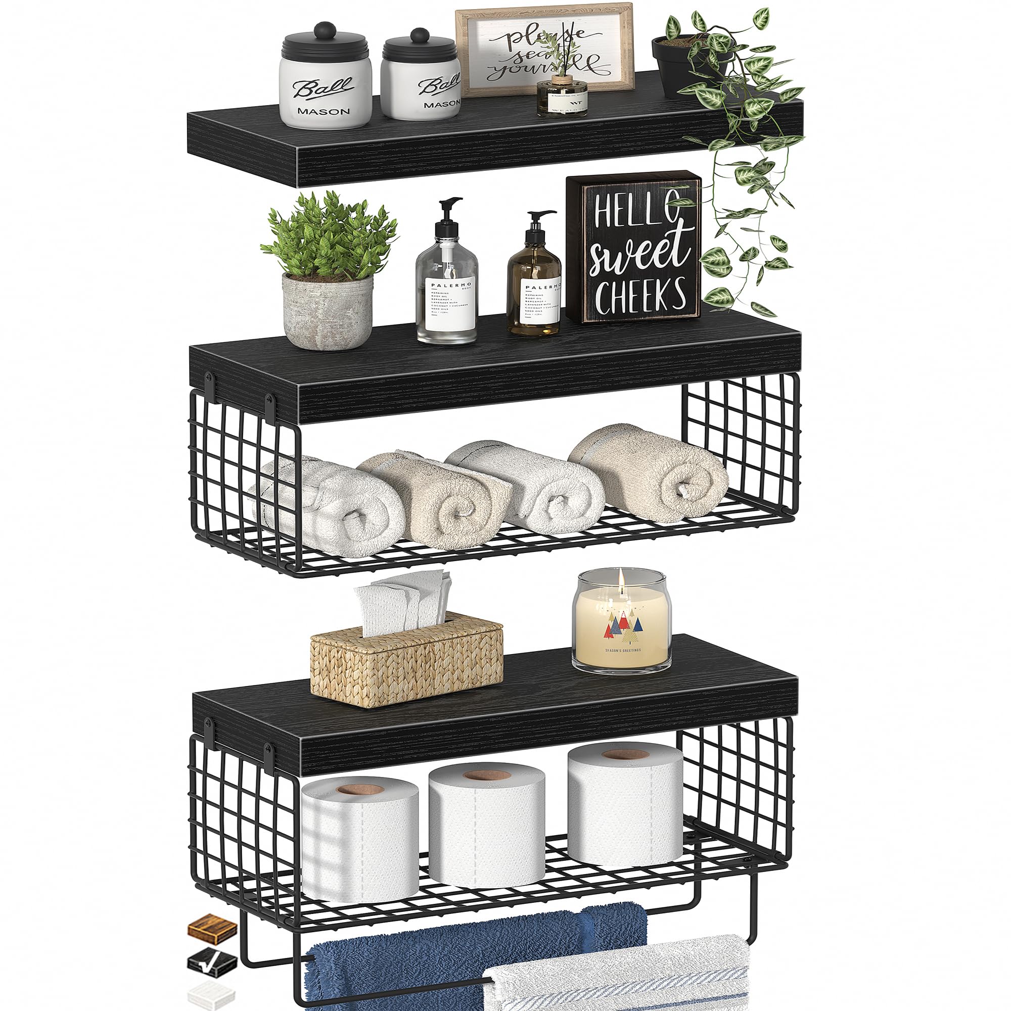 KLUVIS toilet shelf set of three in black, easy to assemble for compact bathrooms.