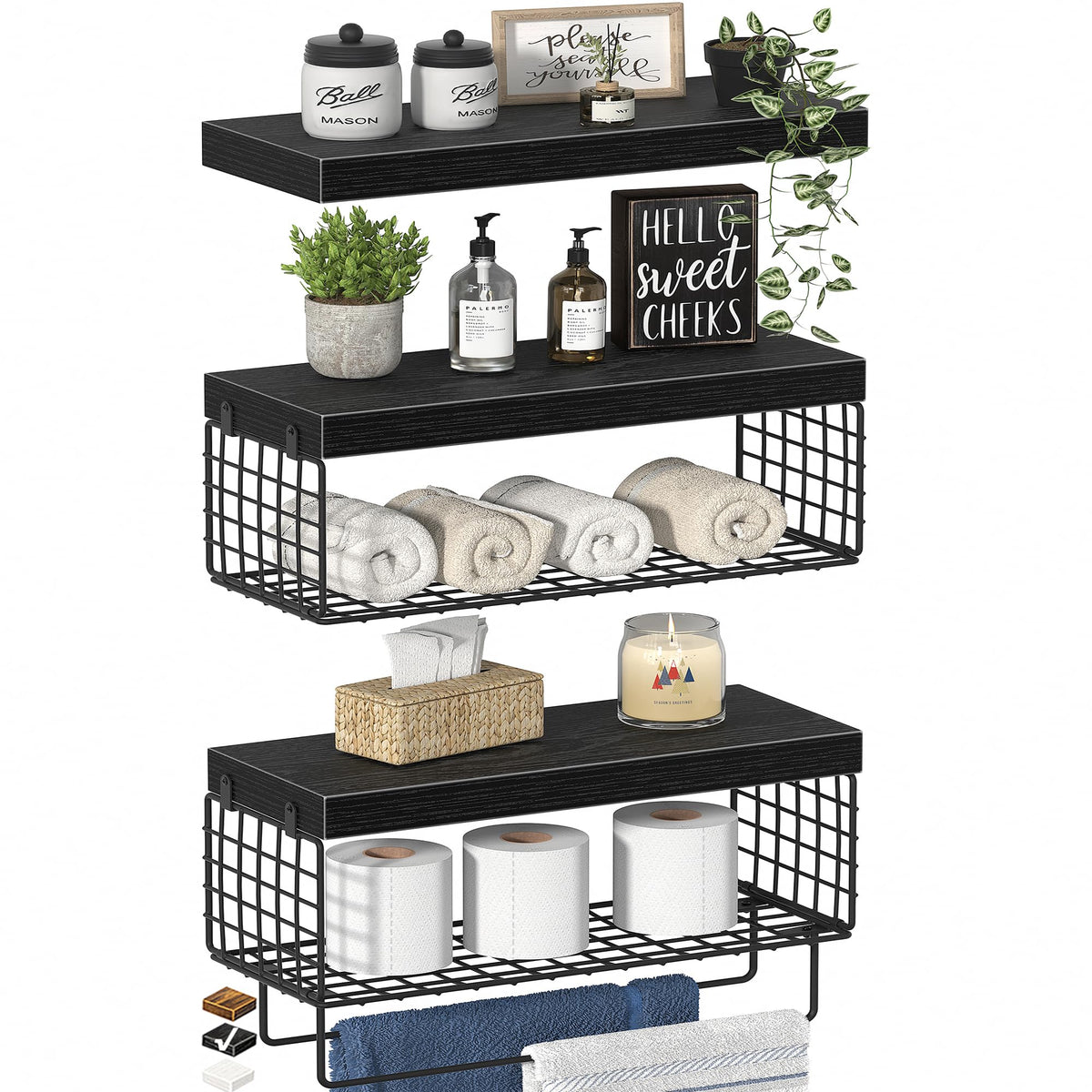 KLUVIS toilet shelf set of three in black, easy to assemble for compact bathrooms.
