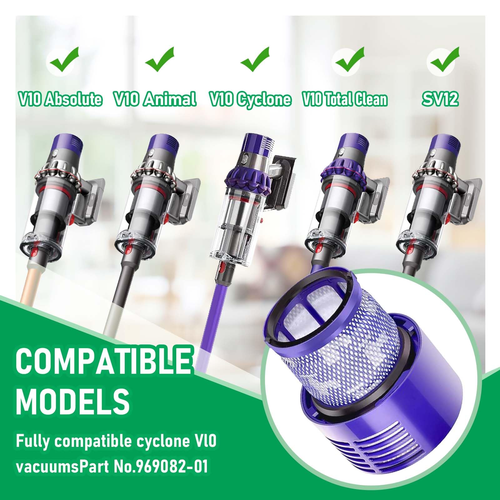 Klypticfit Dyson V10 Absolute filter improves suction efficiency with fresh air.