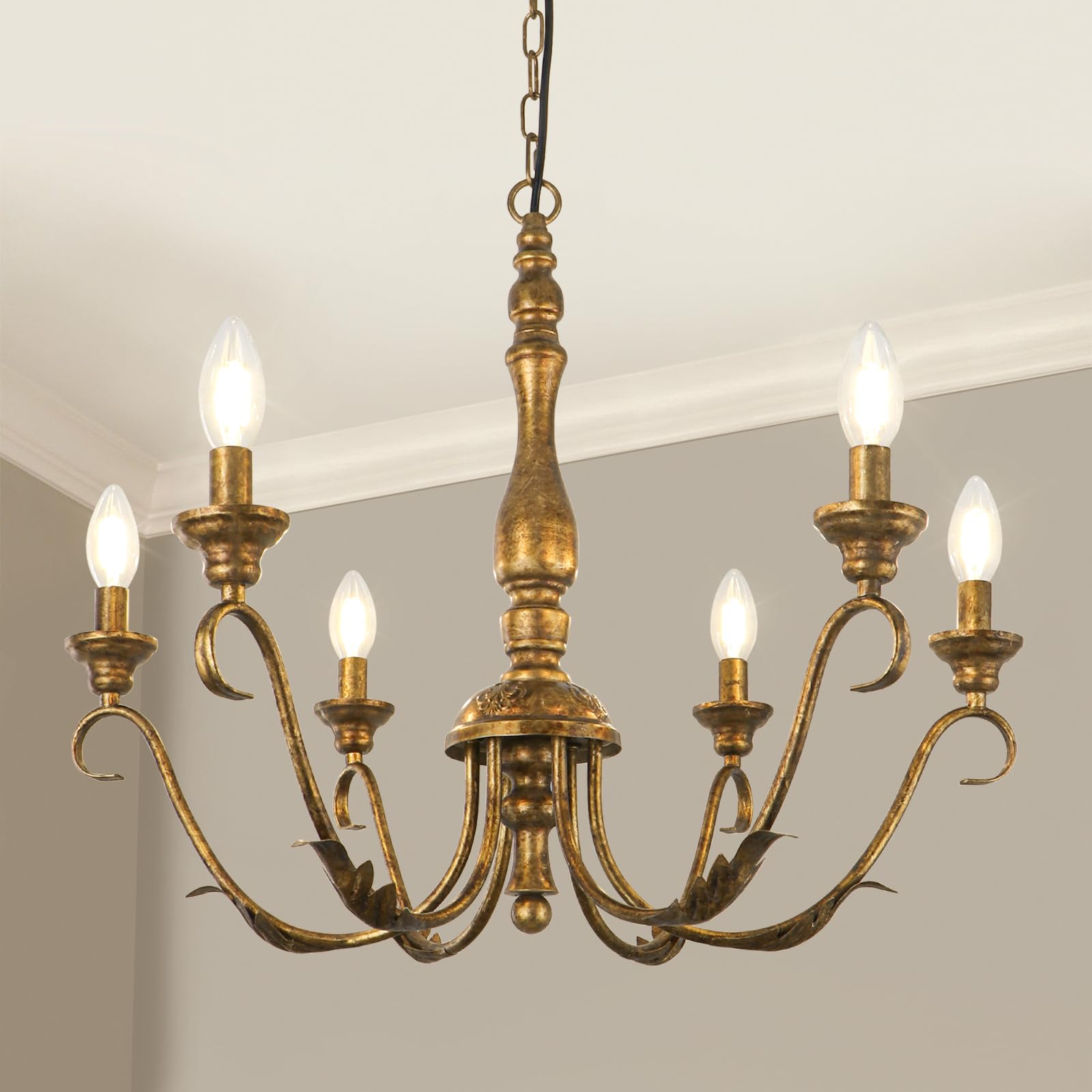 KMaiPem 6-light farmhouse chandelier with vintage brass finish enhances dining room ambiance.