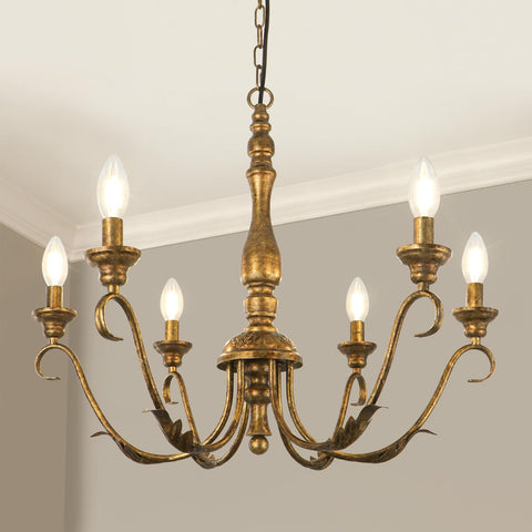 KMaiPem 6-light farmhouse chandelier with vintage brass finish enhances dining room ambiance.