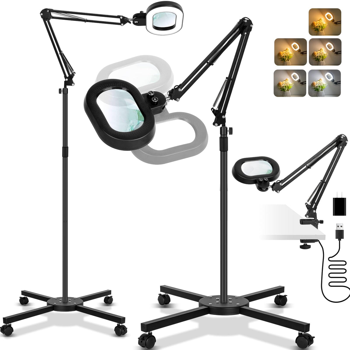 KMDES floor magnifier light with 12x lens for precise close-up work
