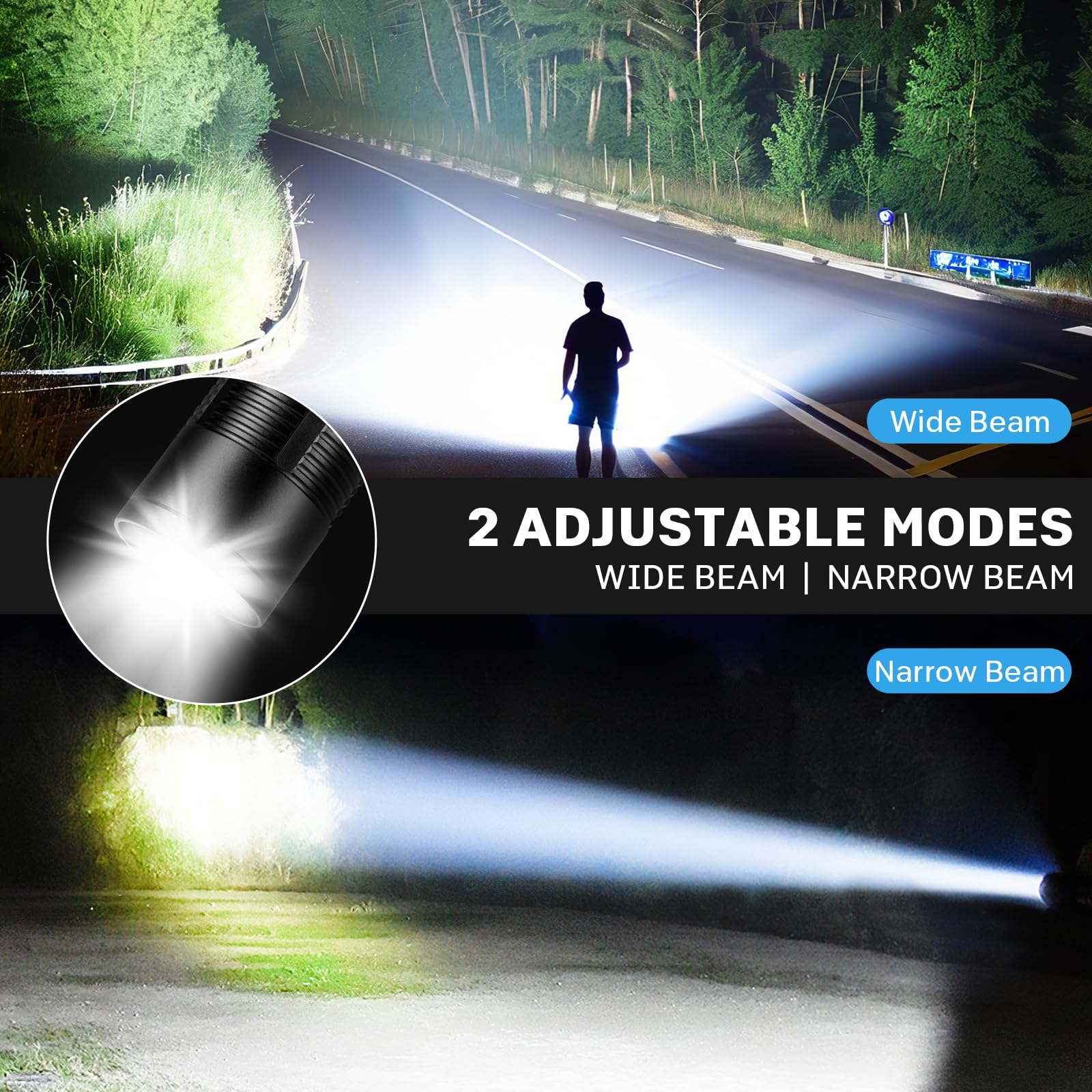 Kmivo flashlight demonstrating adjustable beam for distance focus and wide coverage.