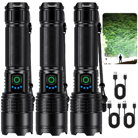 Kmivo rechargeable LED flashlight front view shows a powerful beam for outdoor tasks