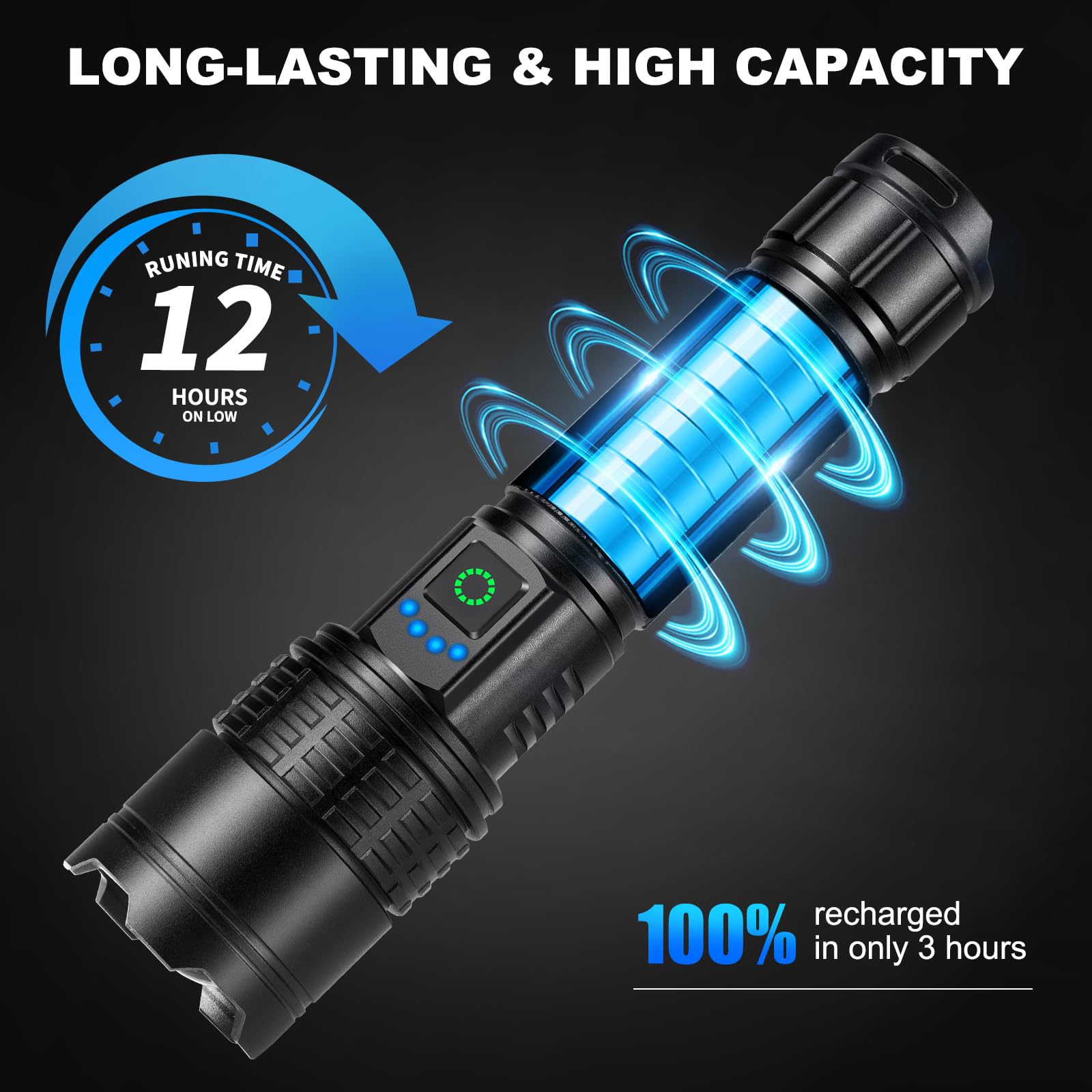 Kmivo flashlight USB charging port enables quick recharges on the go