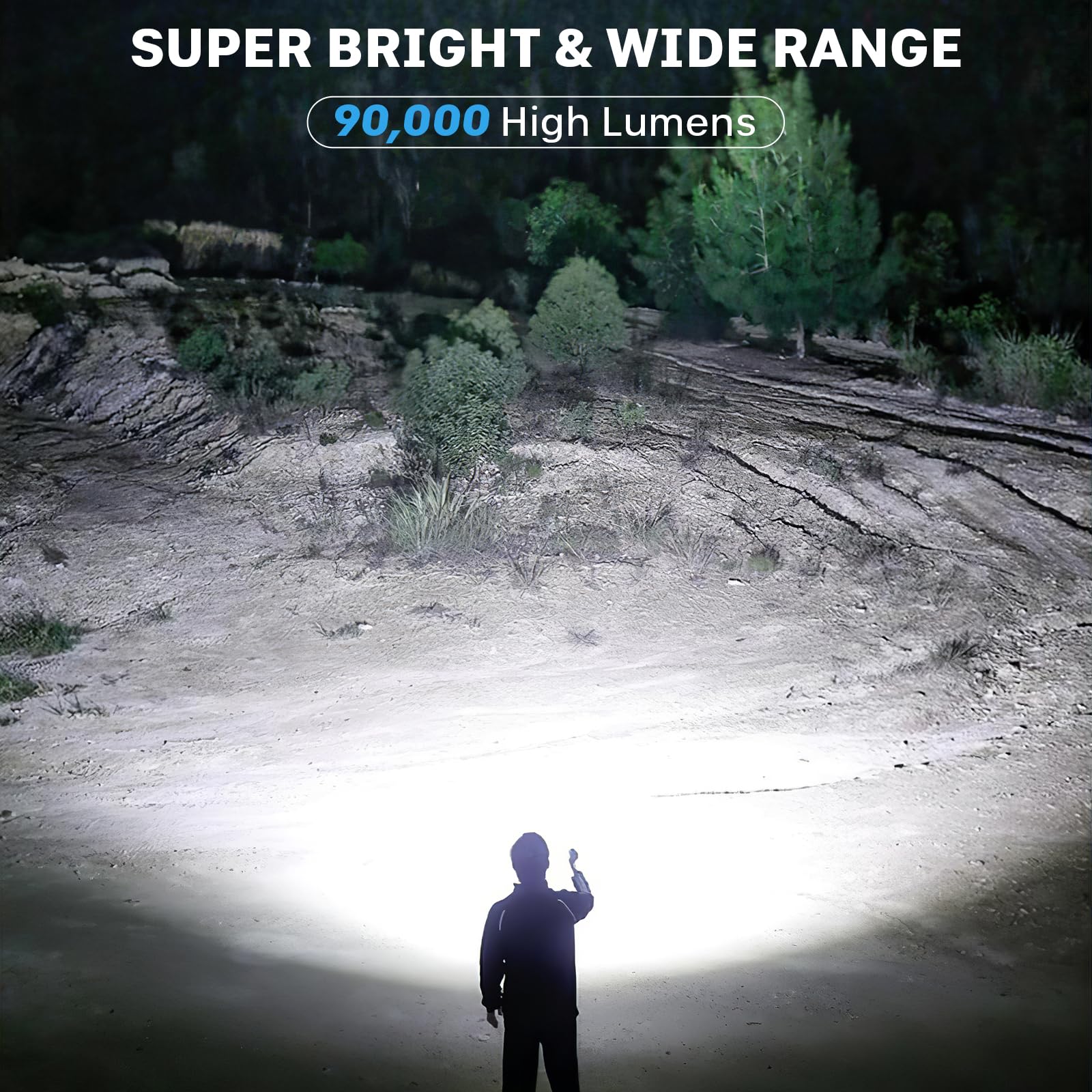 Kmivo flashlight in camping scene illustrating powerful output for outdoor visibility.