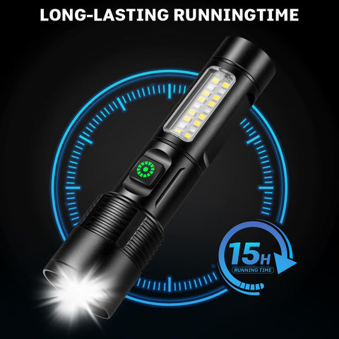 Kmivo flashlight with USB charging port enabling fast, convenient recharging.