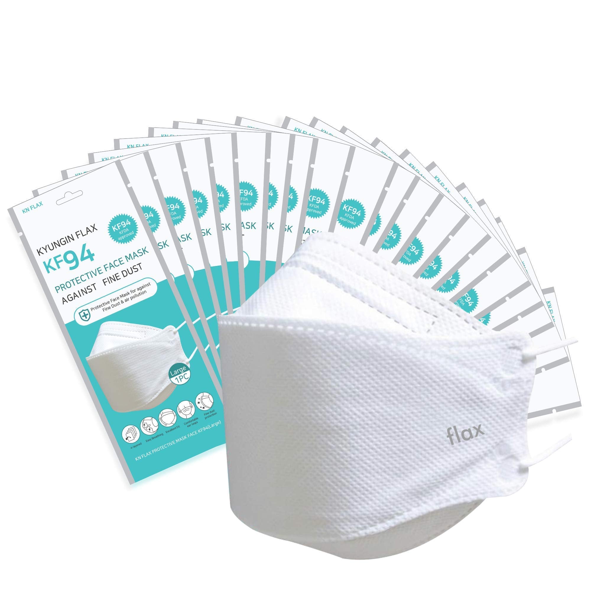 KN FLAX KF94 white mask packaging shows 20 individually wrapped masks for on-the-go hygiene