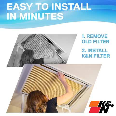 K&N 20x20x1 HVAC filter features MERV 11 filtration for better air quality.