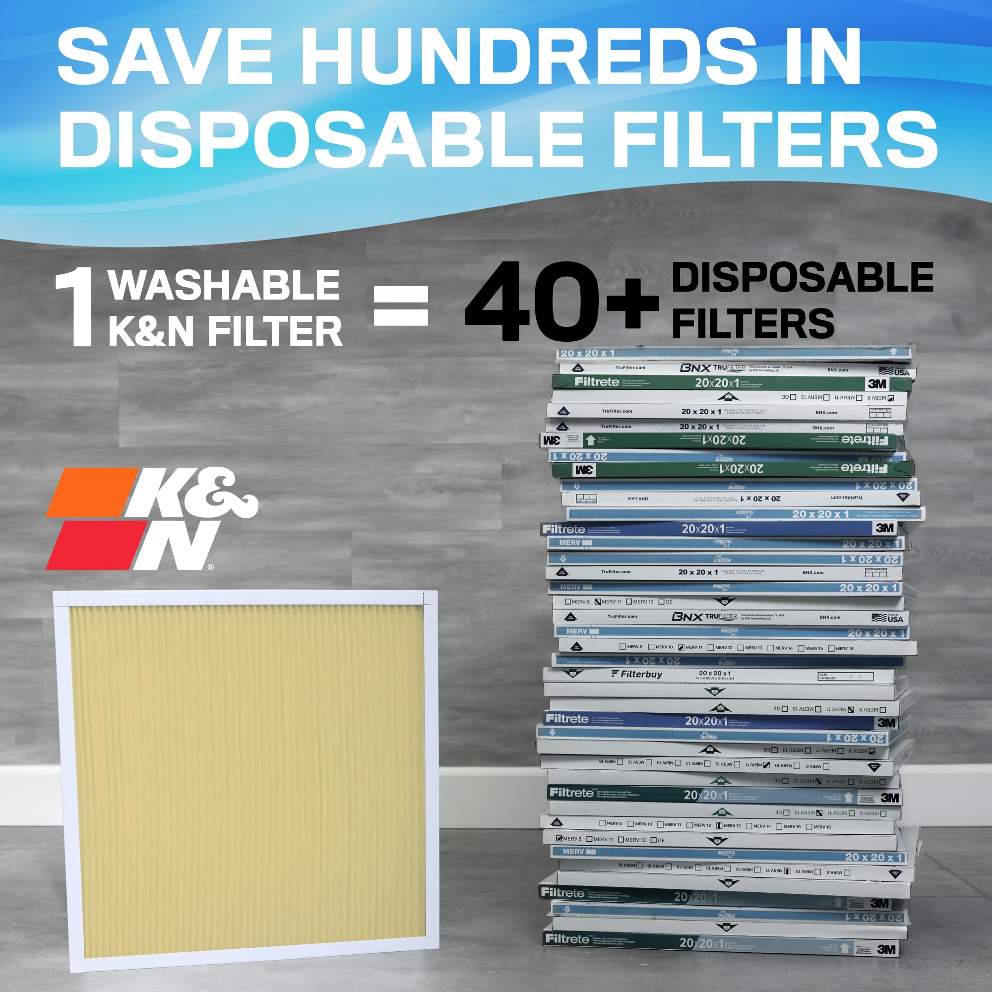 K&N 20x20x1 HVAC filter demonstrates washable and reusable design for easy maintenance.