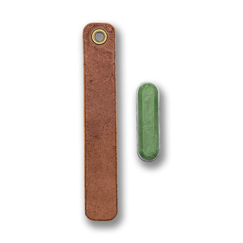 Knafs leather strop compact 6x1 keeps pocket knives sharp on the go.