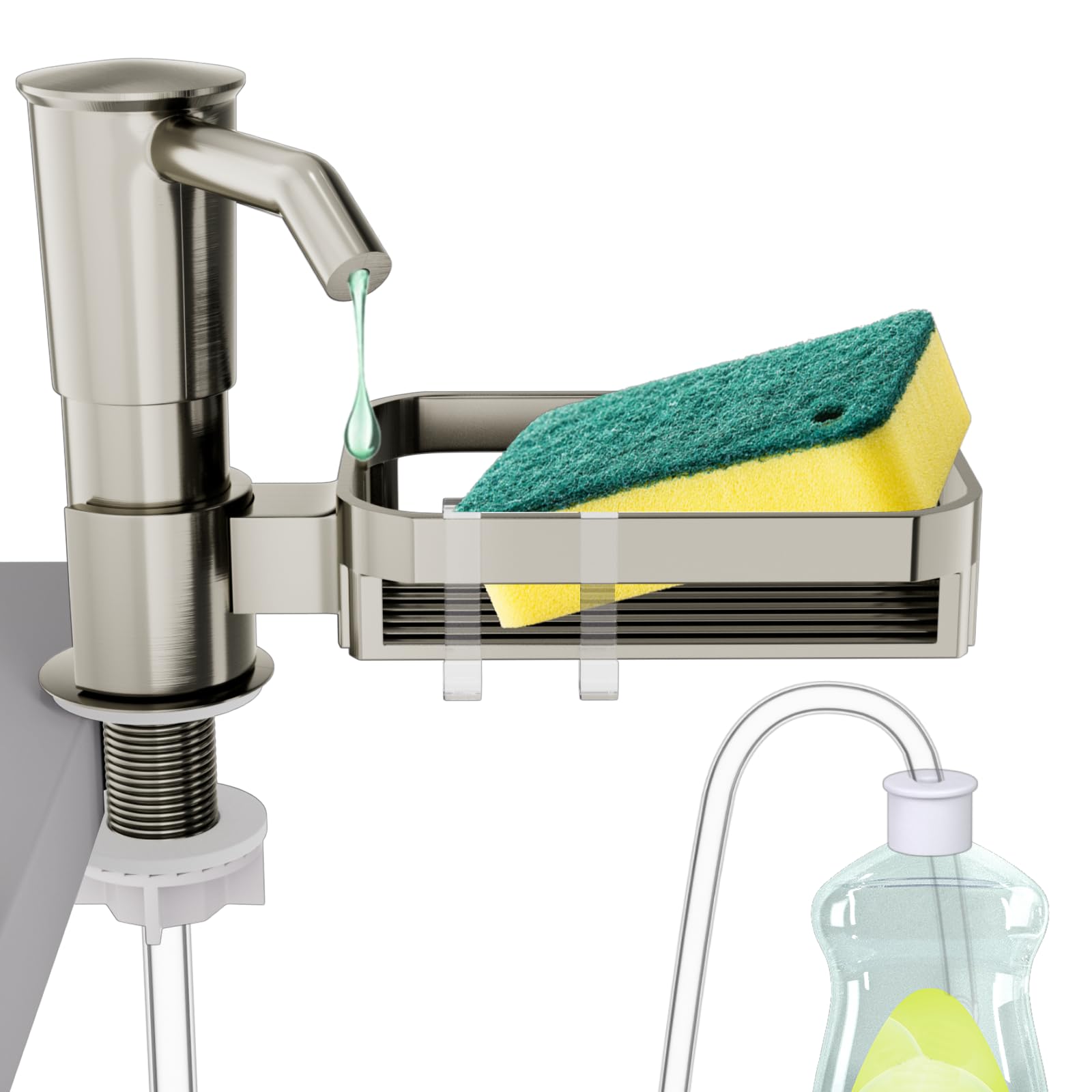 KNEELISA soap dispenser with sponge rack on the counter for easy dish cleaning