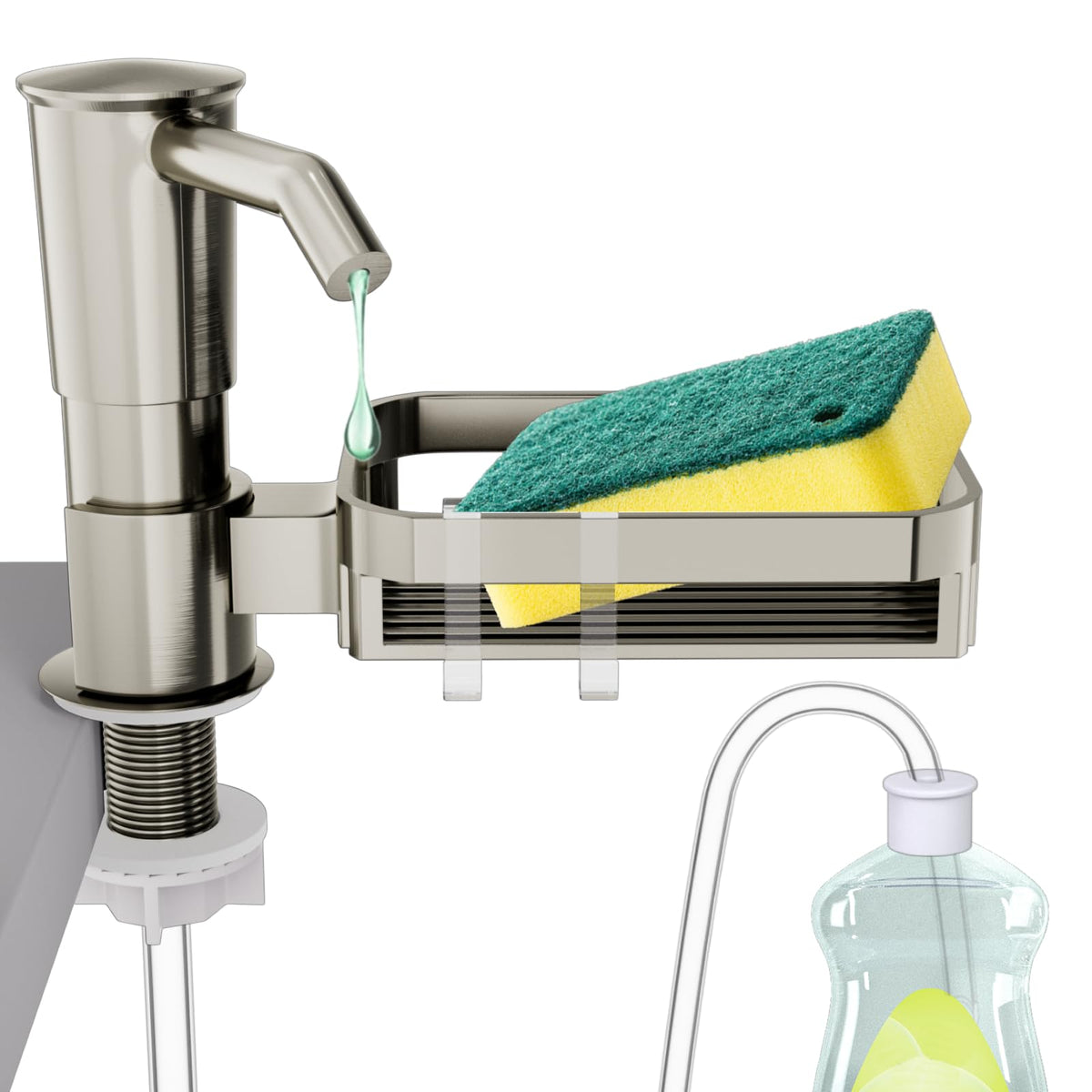KNEELISA soap dispenser with sponge rack on the counter for easy dish cleaning