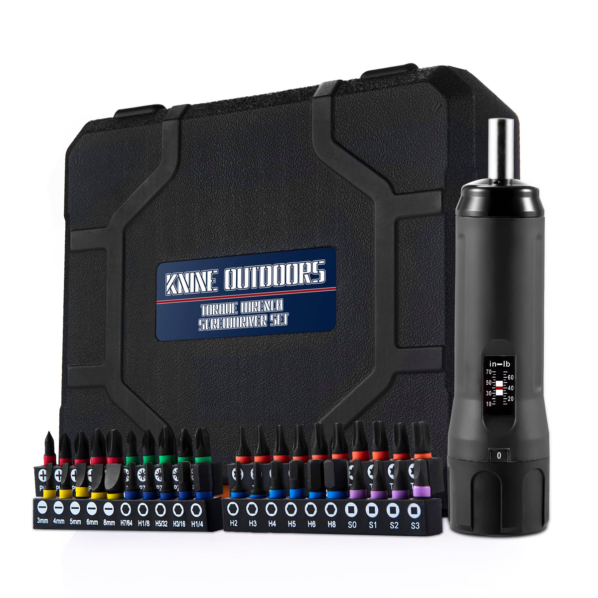 KNINE OUTDOORS torque screwdriver set in black case, ideal for organized maintenance tasks.