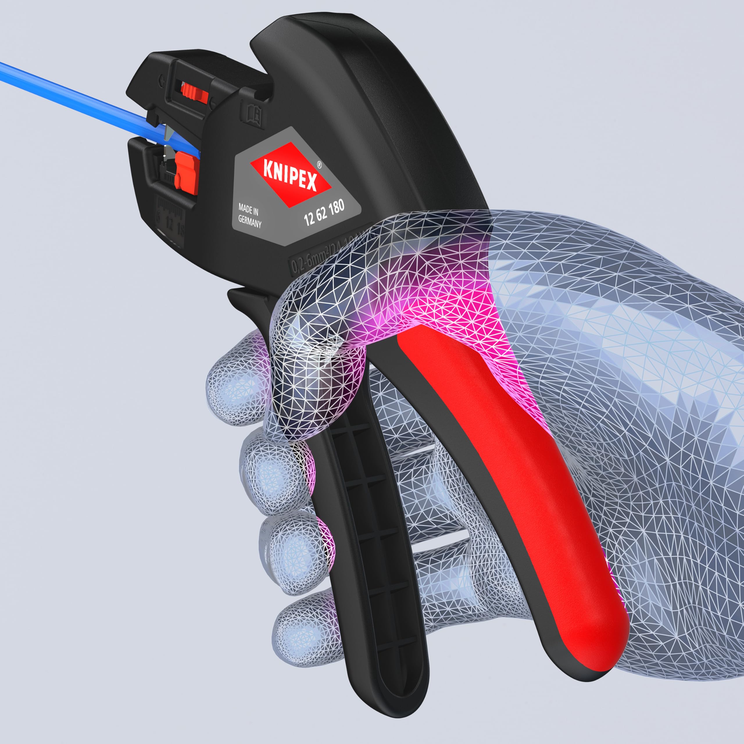 KNIPEX 12 62 180 insulation strippers suitable for standard insulation types in common cabling projects.
