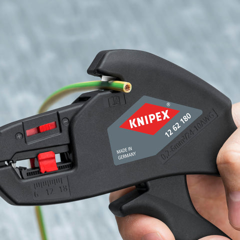 KNIPEX 12 62 180 insulation strippers designed for fine stranded conductors in control panels.