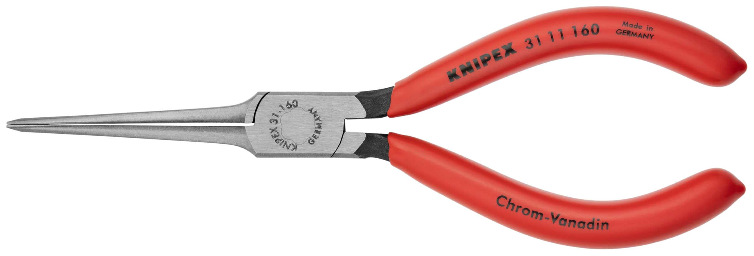 KNIPEX 3111160 needle nose pliers with 55 mm jaws for precise reach in tight spaces.