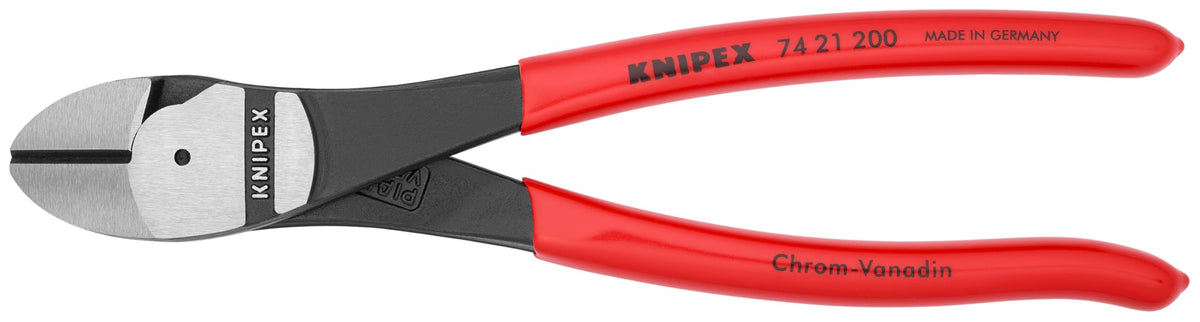 KNIPEX 74 21 200 angled head close-up showing high-leverage design for clean cuts.