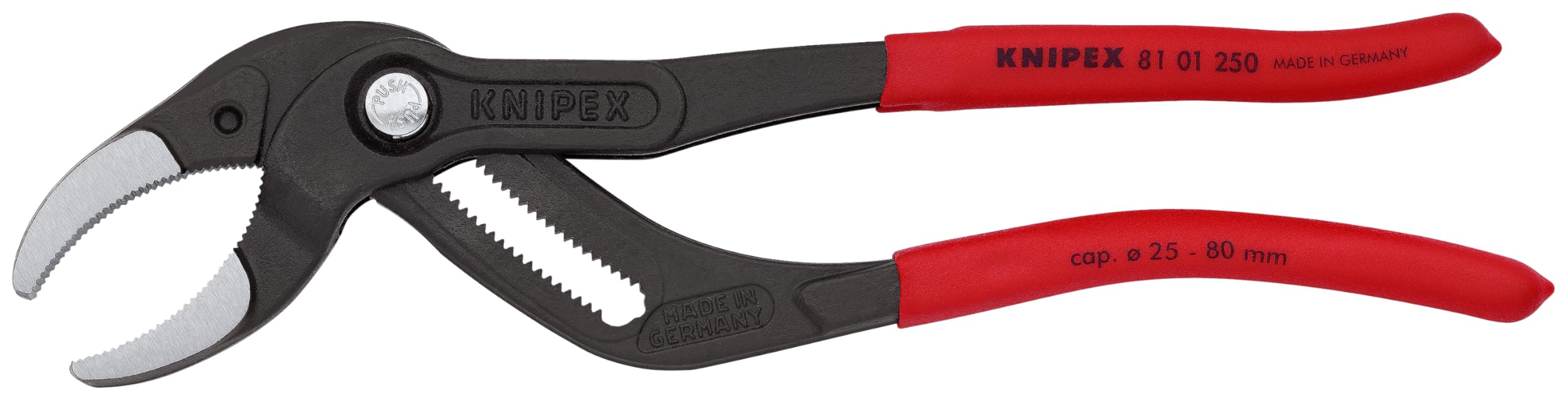 Knipex 81-01-250 10-Inch Pipe Pliers with push-button adjustment for quick, repeatable grip