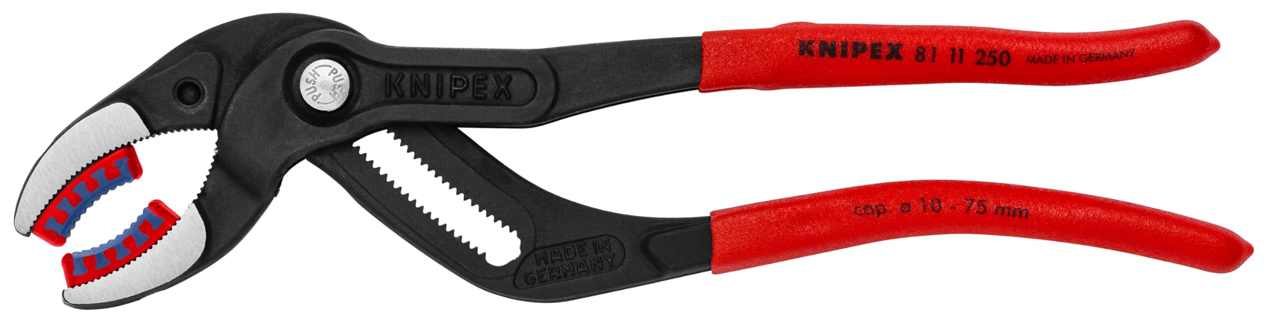 KNIPEX 81 11 250 pipe gripping pliers securely grab pipes up to 3 inches.