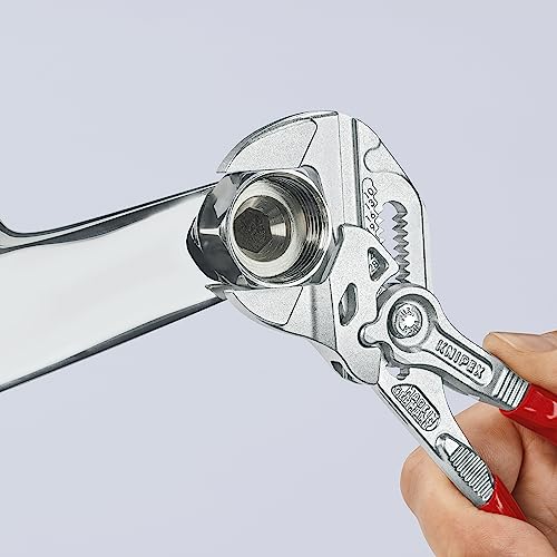 KNIPEX 86 03 180 plier wrench chrome image shows gripping pipes with self-locking feature