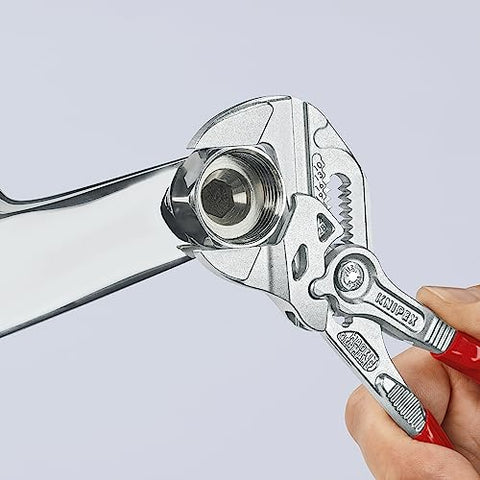 KNIPEX 86 03 180 plier wrench chrome image shows gripping pipes with self-locking feature