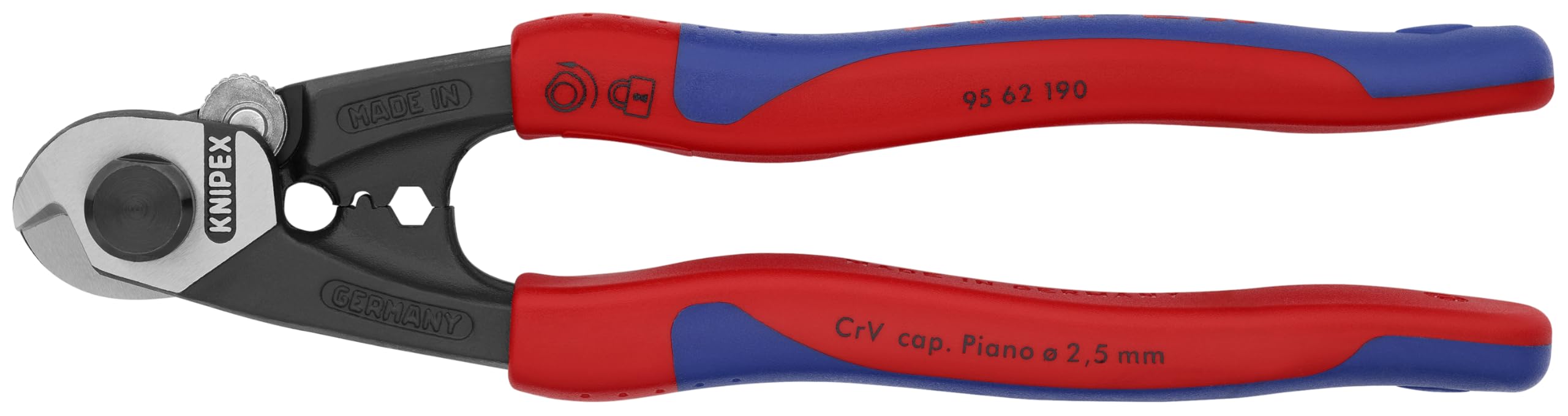 KNIPEX 95 62 190 wire rope cutters close-up for clean cuts on rope up to 13/64 inch.