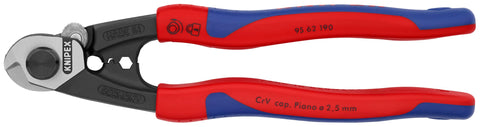 KNIPEX 95 62 190 wire rope cutters close-up for clean cuts on rope up to 13/64 inch.