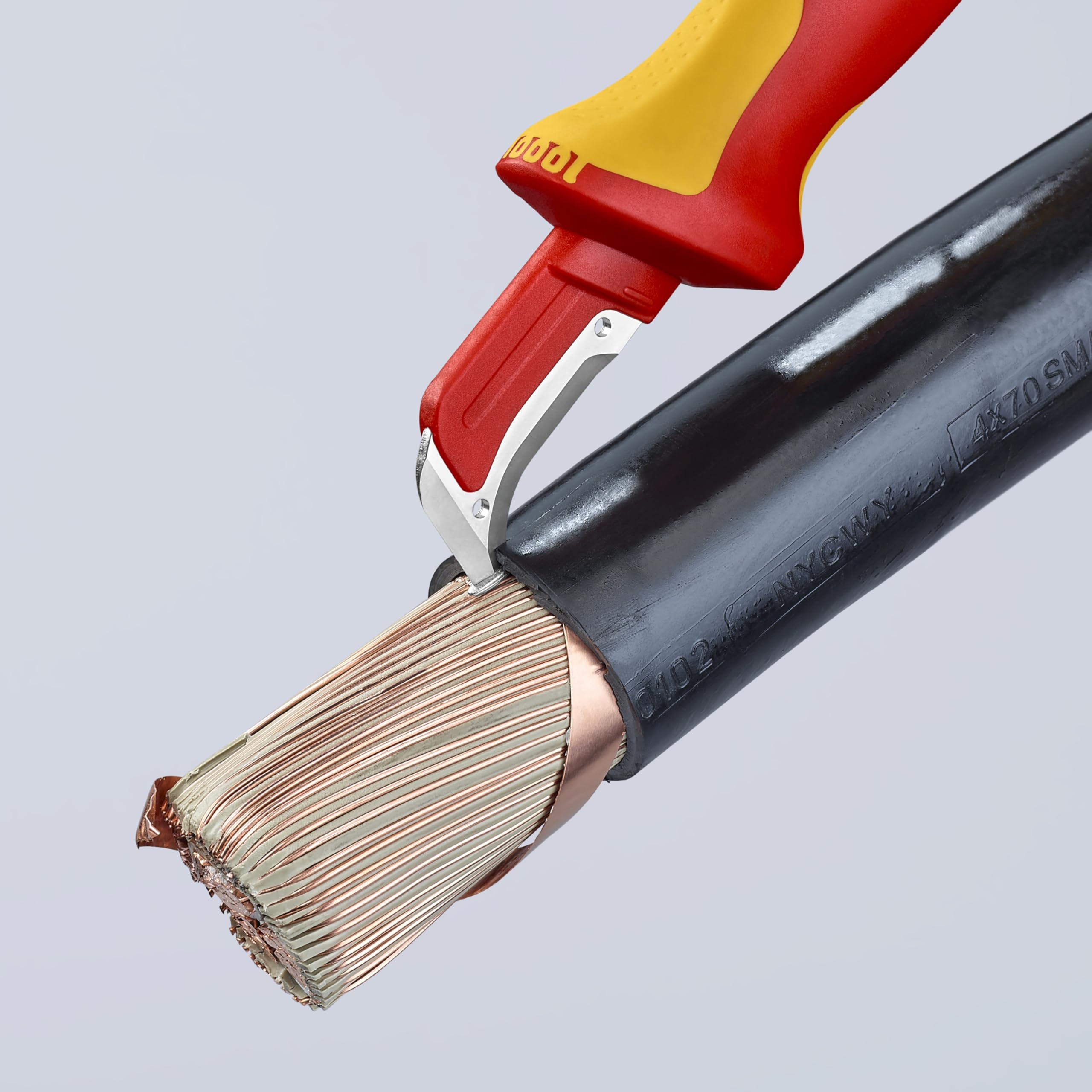 KNIPEX 98 55 1,000V insulated dismantling knife ergonomic design features.