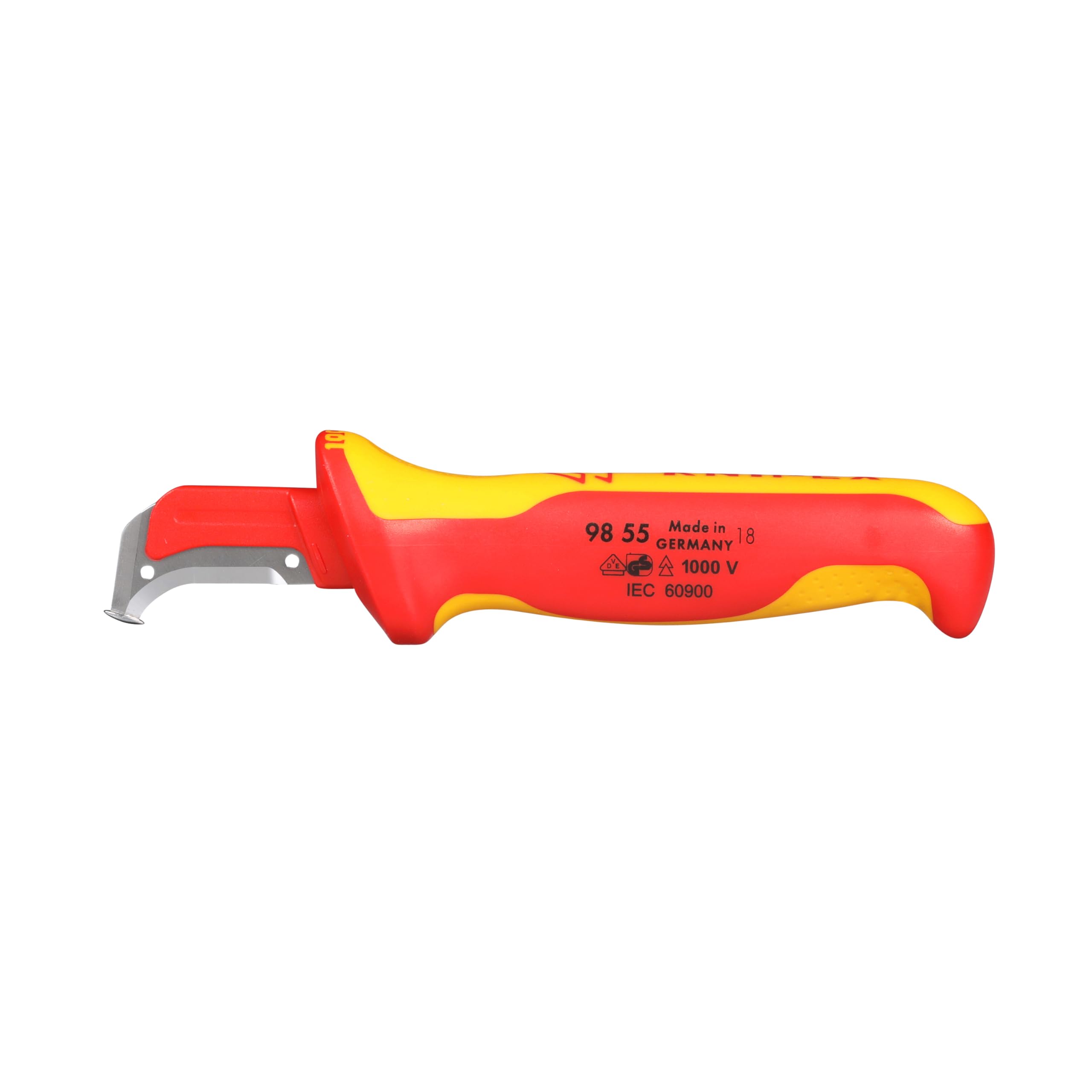 KNIPEX 98 55 1,000V insulated dismantling knife guide shoe close-up for accurate blade guidance.