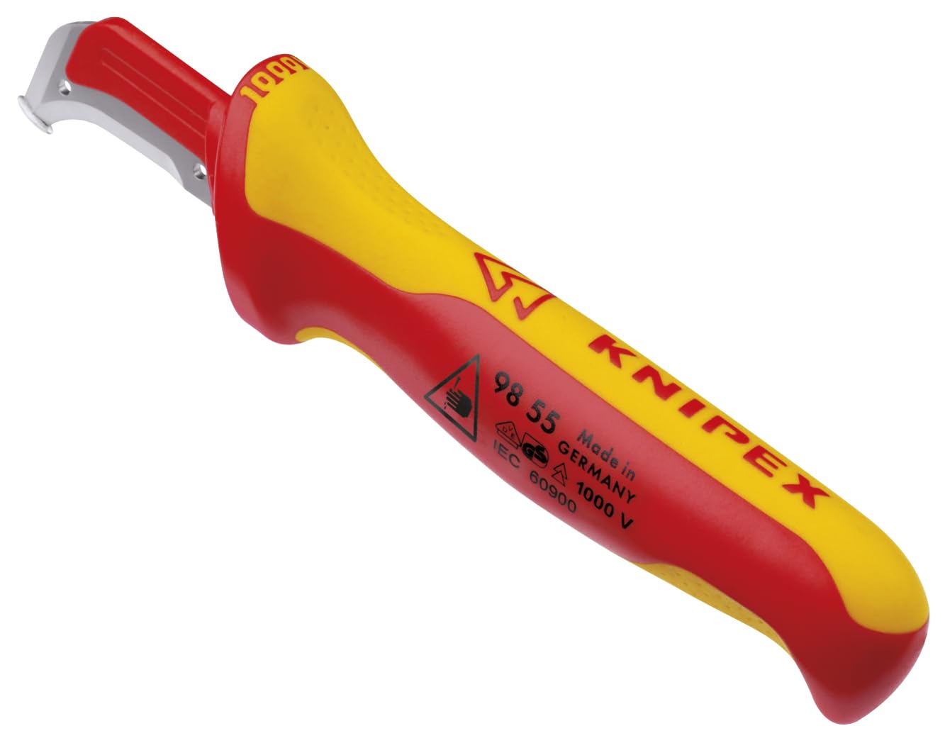 KNIPEX 98 55 1,000V insulated dismantling knife handle slip guard close-up for secure grip.