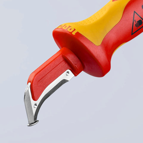KNIPEX 98 55 1,000V insulated dismantling knife in use on live circuit scenario.