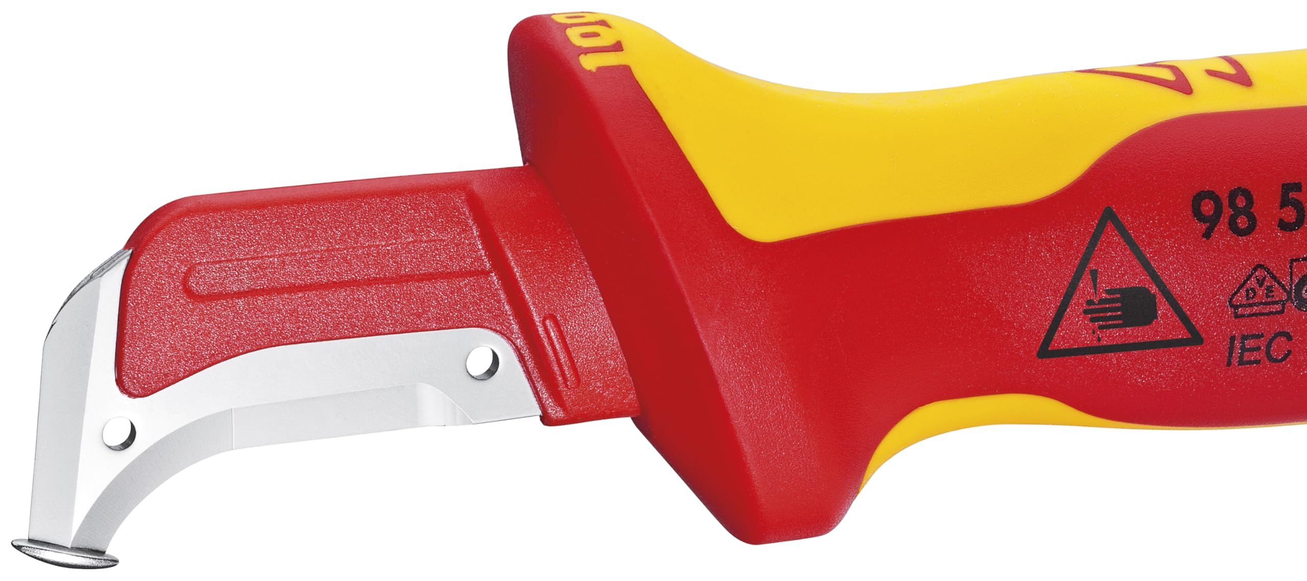 KNIPEX 98 55 1,000V insulated dismantling knife protective cap close view for safe storage.