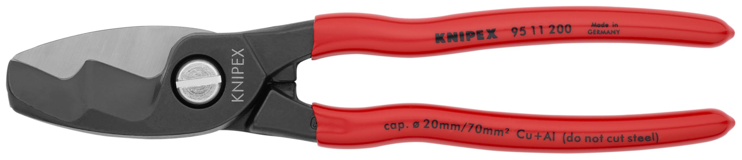 KNIPEX cable shears with twin cutting edge cut copper and aluminum cleanly.