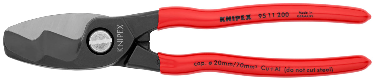 KNIPEX cable shears with twin cutting edge cut copper and aluminum cleanly.