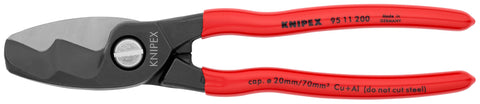 KNIPEX cable shears with twin cutting edge cut copper and aluminum cleanly.