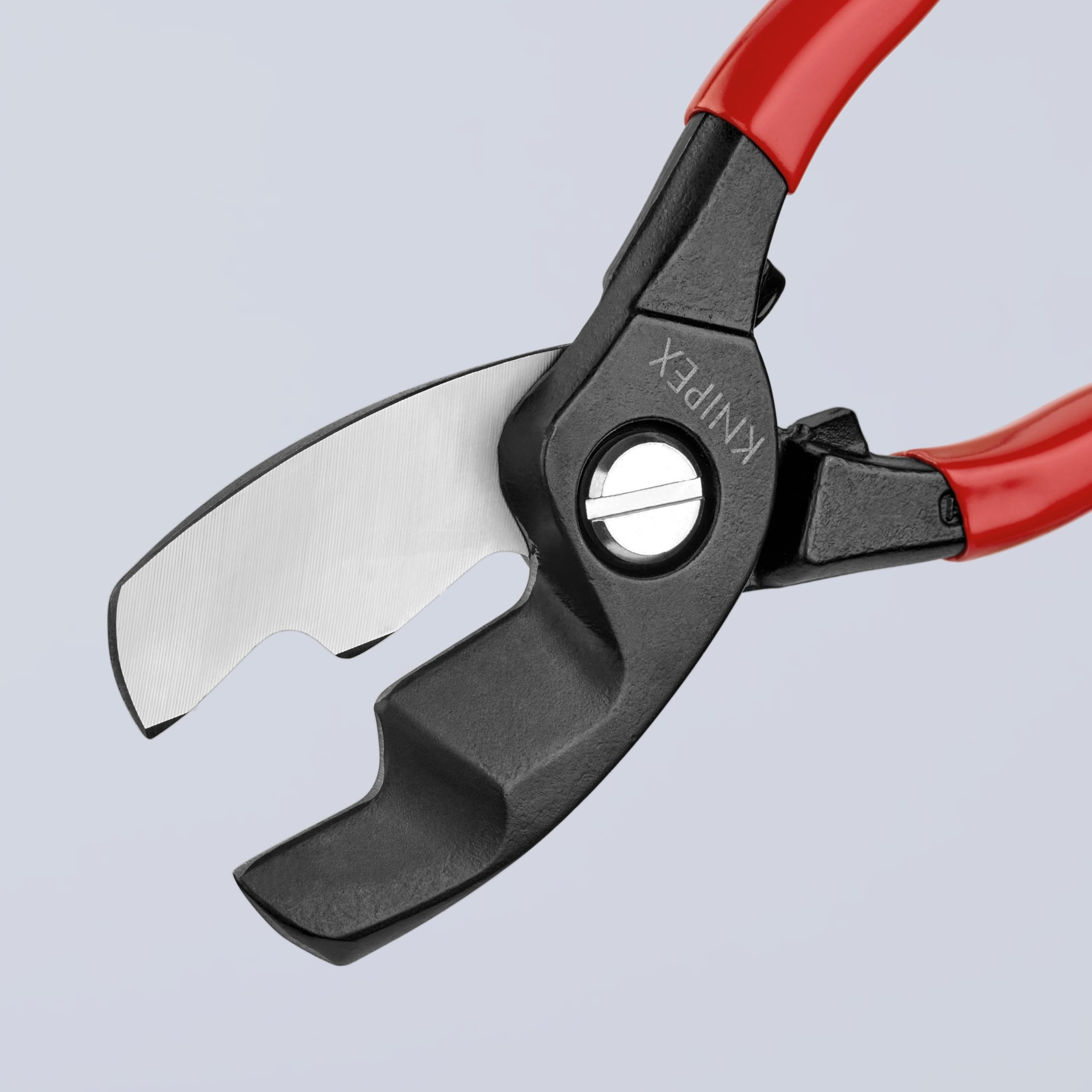 Guarded, self-locking design on KNIPEX cable shears for safer operation.