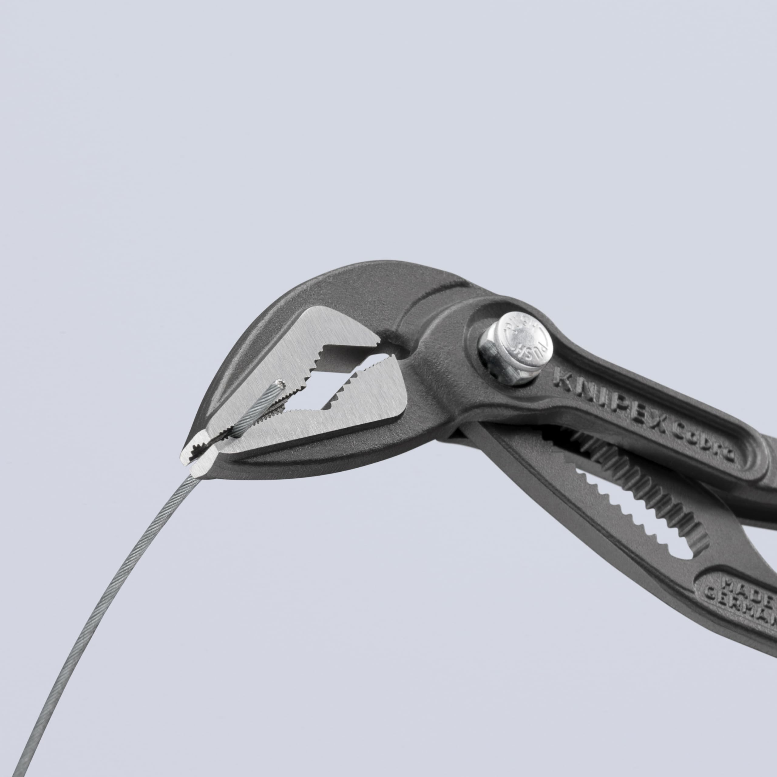 KNIPEX Cobra ES chrome vanadium steel, oil-hardened for longevity.
