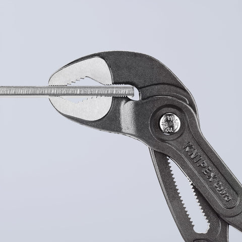 KNIPEX Cobra pliers showing secure hinge bolt catch to prevent shifting.