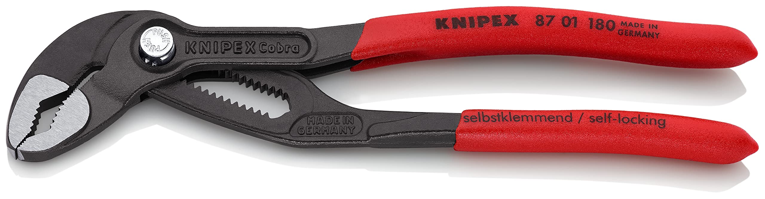 KNIPEX Cobra water pump pliers with quick adjustment button for fast, secure gripping.