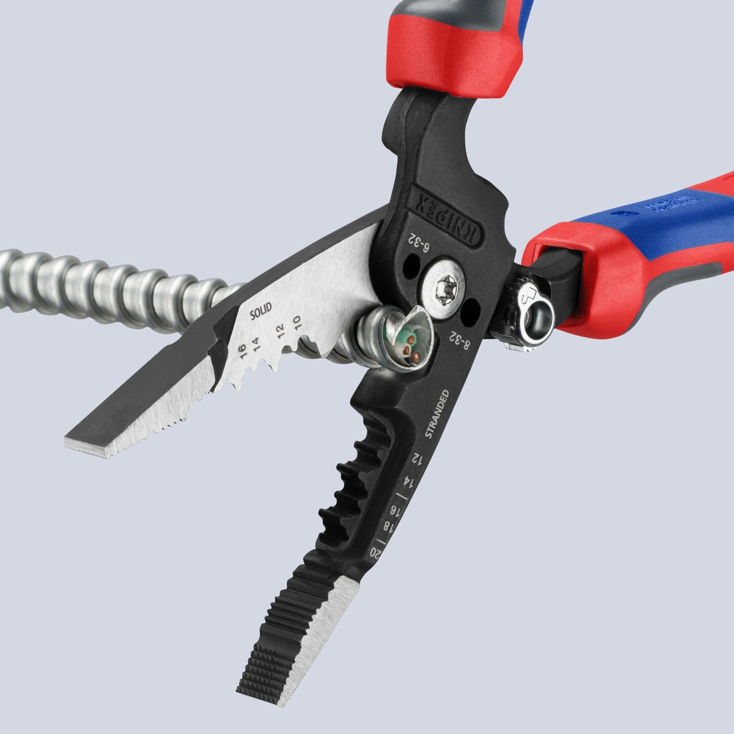 KNIPEX forged wire stripper 8-inch wide jaws improve grip.