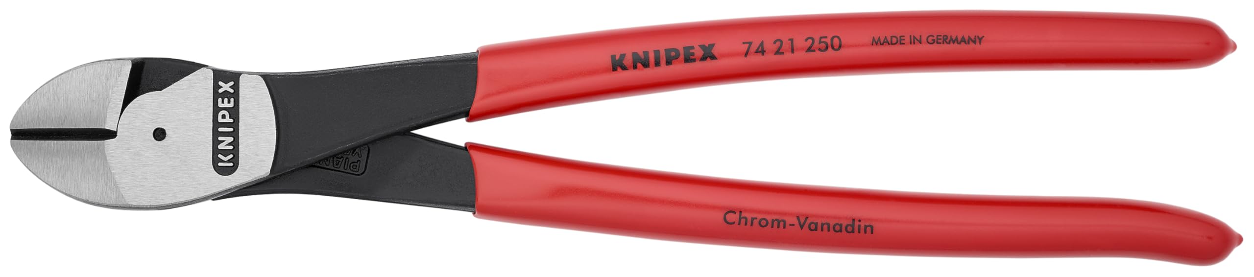 KNIPEX high-leverage diagonal cutter with a 12-degree head for flush cuts and extra clearance.