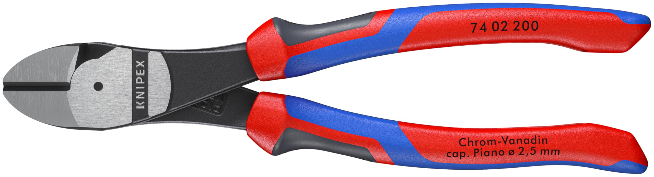 KNIPEX KPX7402200 high-leverage diagonal cutters with a soft two-color grip for comfort.