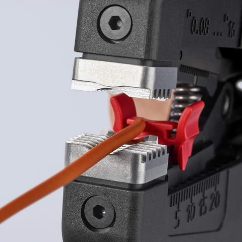 KNIPEX PreciStrip16 fine-adjustment dial tunes blade depth to insulation thickness.
