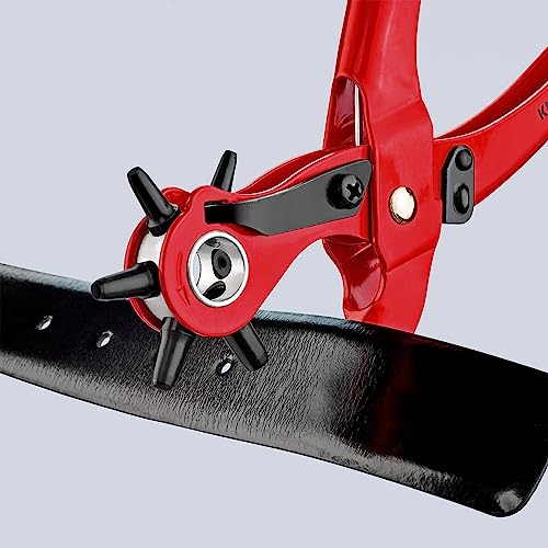 KNIPEX revolving punch pliers leather holes close-up, showing sharp punches.